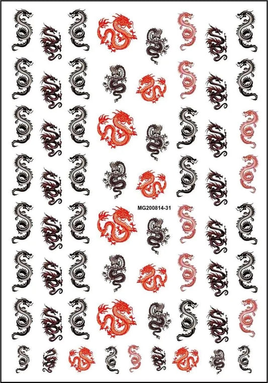 Nail stickers dragons black and red